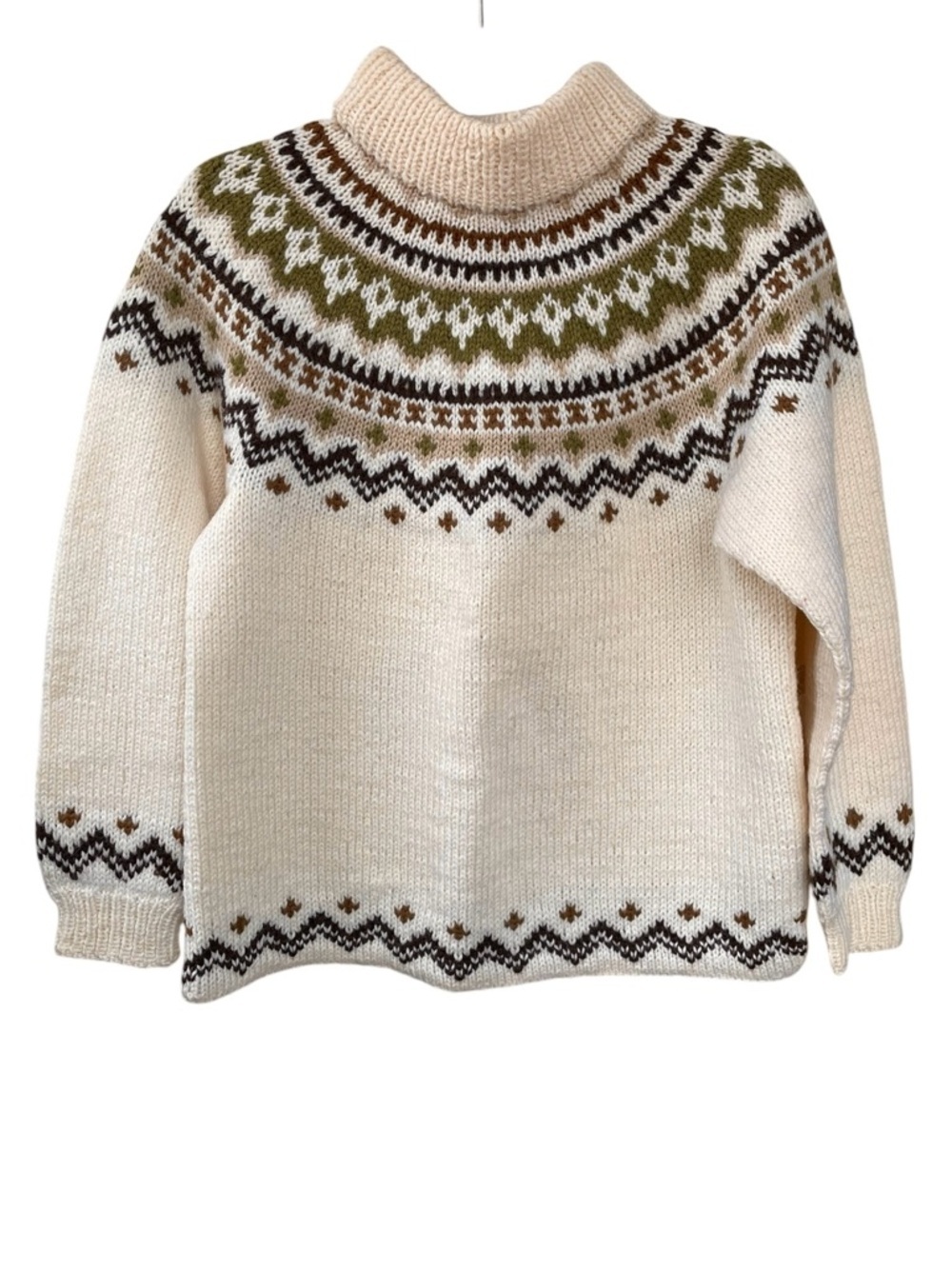 VINTAGE SIRIL SWEATER SHOP Norway Cream Fair Isle Sweater Olive and Brown Yoke M